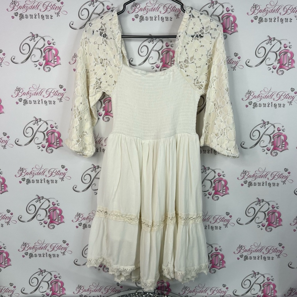 Rebellion again dress smocked lace Lacie tiered Elegant Cream Lace Dress